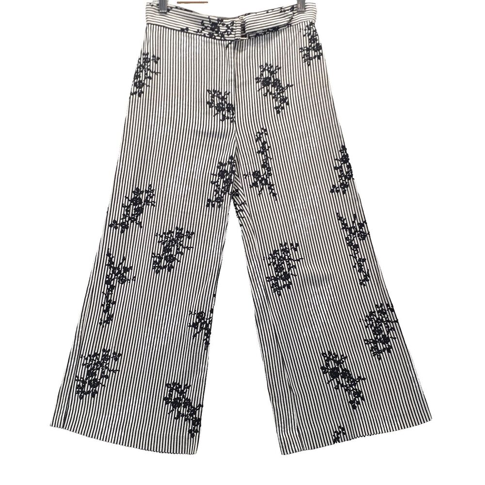 River Island Women Sz UK 8 US 4 Black Floral Pinstripe Cropped Wide Leg Pants